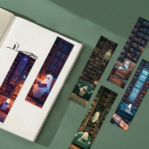 Detailed view of 6 cartoon ghost bookmarks on cardstock for scrapbooking and DIY reading