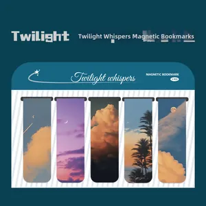 5-piece Twilight Whispers magnetic bookmarks set featuring sunset and palm tree landscapes