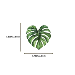 Detailed view of monstera leaf sticker with clear dimensions 5.89cm by 5.78cm