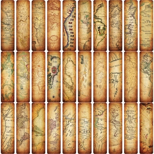 Detailed grid view of 30 vintage map bookmarks with retro kraft paper texture
