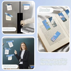 Detail of strong magnetic bookmarks applied on fridge, book pages and office whiteboard