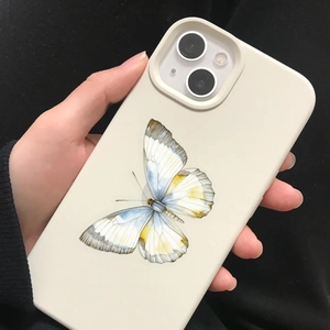 Detail of matte cream butterfly phone case showing watercolor print on waterproof PET material