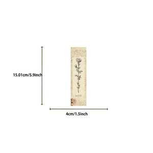 Detailed dimension guide for vintage rose bookmark measuring 15x4 cm with retro kraft texture