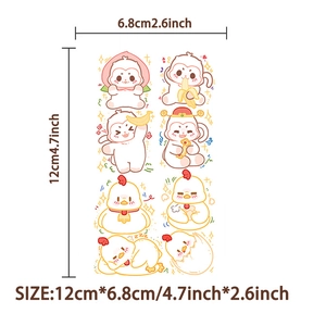 Tabella taglie dettagliata con adesivi per tatuaggi scimmia e pollo da 12cm per 6,8cm