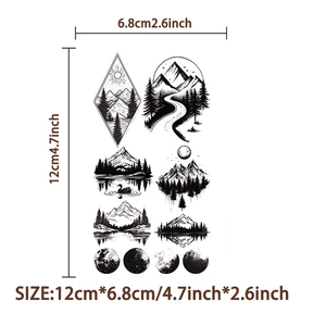 Detail view of 12x6.8cm outdoor mountain and moon phase temporary tattoo sticker