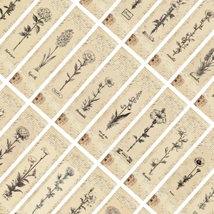 Detailed flat lay of 30 vintage floral bookmarks with hydrangea and hyacinth sketches