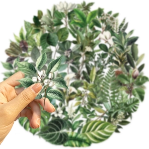 Macro shot showing transparent botanical stickers with green leaves on white background