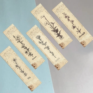Set of 5 vintage floral paper bookmarks with hand-drawn botanical lily and rose designs