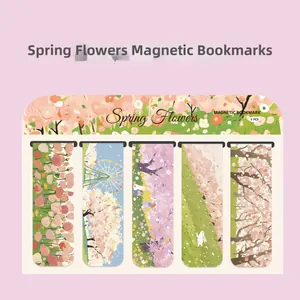 Detailed set of 5 Spring Flowers magnetic bookmarks featuring poppy and rabbit designs