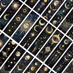 Detailansicht der Himmels-Lesezeichen mit Goldfolien-Mond- und Sternmotiven
