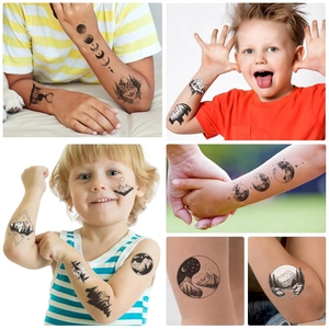 Waterproof temporary tattoos featuring nature and geometric black line forest wolf designs