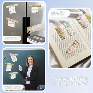 Detail of floral magnetic bookmarks showing versatile use as fridge and whiteboard magnets