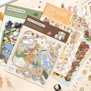 Detail of DIY 3D cartoon miniature scenery stickers for handmade scrapbooking hobby
