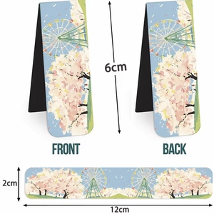 Detailed views of magnetic bookmark showing front, back, and open state with floral design