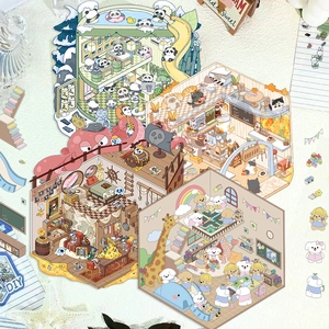 Close-up of 3D DIY stickers showing Panda Hot Spring and Cat Cafe miniature scenes