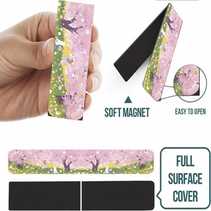 Detail view of foldable magnetic bookmark with cherry blossom art and full surface magnet