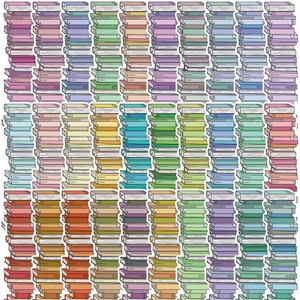Detailed grid layout of colorful hand-drawn book stack stickers for creative DIY journaling