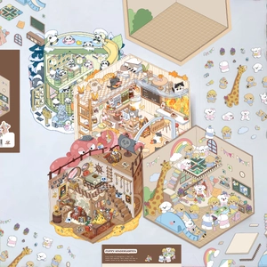 Close-up of 3D cartoon scenery stickers including panda spa and cat cafe DIY room kits