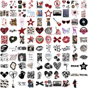100 autocollants Y2K Downtown Girl pour ordinateur et guitare aux motifs rouge et noir
