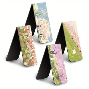 Detailed view of 4-piece folding magnetic bookmarks with artistic floral illustrations