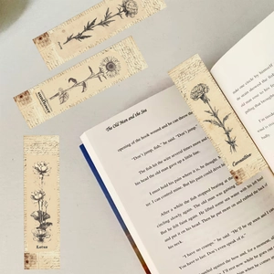 Set of vintage floral paper bookmarks with black and white hand-drawn botanical illustrations