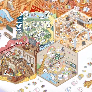 Detailed 3D cartoon miniature scene stickers with panda and cat cafe illustrations