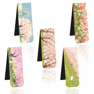 Detail of 5-piece magnetic bookmark set with floral and landscape illustrations