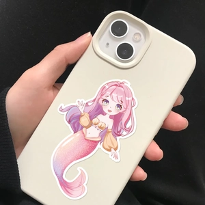 Detail of DIY cream mobile case with cute mermaid sticker and shimmering fin texture
