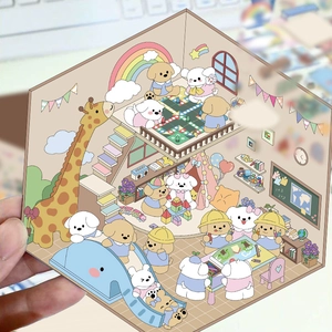 Close-up of cute 3D cartoon room stickers with miniature animals and pastel colors
