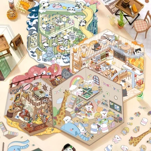 Detailed close-up of 3D miniature cottage stickers with pandas and kittens themes