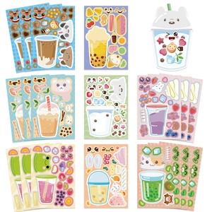 DIY cartoon milk tea sticker set with cute animal faces and drink toppings for scrapbooking