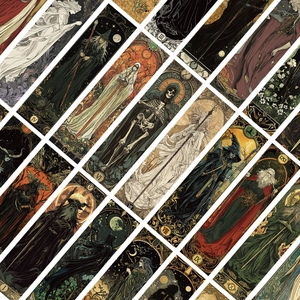 Close-up of vintage wizard bookmarks featuring dark gothic art and mystical illustrations
