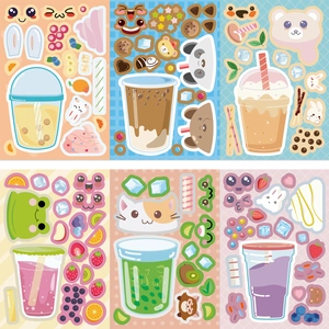 Detailed view of six kawaii cartoon milk tea sticker designs for DIY craft decoration