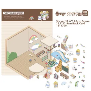 Detail of 3D cartoon puppy kindergarten DIY stickers with size dimensions and background card