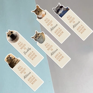 Detailed view of creative animal bookmarks with funny cat and dog headers and quotes