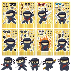 Détail de 8 planches de stickers de ninja avec diverses expressions et armes de combat