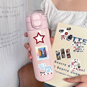 100 autocollants Y2K Downtown Girl étanches sur thermos rose et couverture de carnet