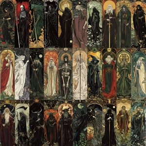 Macro view of 30 vintage wizard series paper bookmarks with gothic dark fantasy art