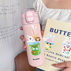 Detailed shot of pink cartoon thermos with cute stickers and transparent flip lid