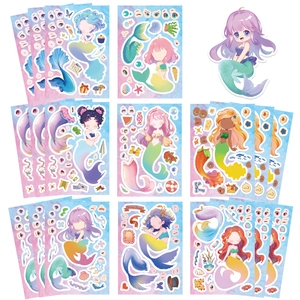 DIY cartoon mermaid sticker set with facial expressions and colorful gradient tails