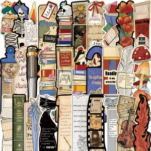 Detailed collage of vintage aesthetic stickers featuring books, ink bottles, and violins