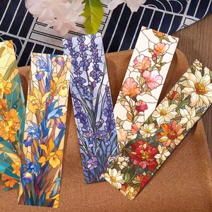Artistic stained glass style floral bookmarks set with various colorful flower patterns