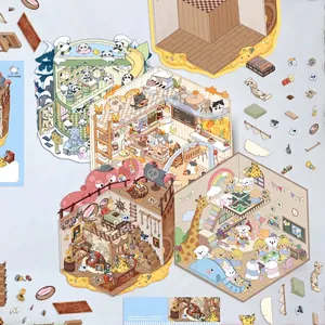 3D cute miniature world scene stickers featuring panda hot springs and cat cafe themes