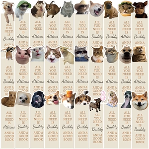 Set of 30 minimalist pet meme bookmarks featuring inspirational cat and dog illustrations