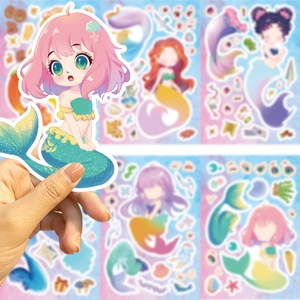 DIY cartoon mermaid sticker set with glitter tails for scrapbooking and phone case decoration