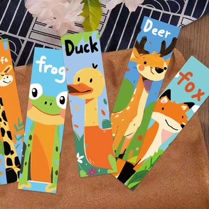 Flat cartoon animal paper bookmarks including frog, duck, and fox designs for DIY journaling