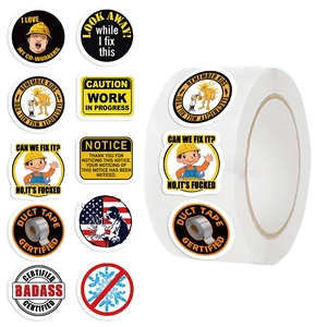 Roll of 500 humorous construction safety and helmet stickers with diverse funny designs
