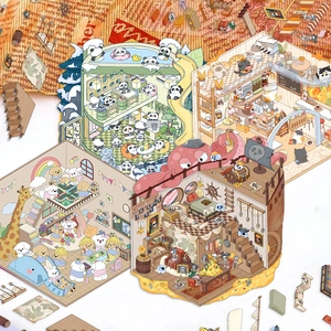 3D isometric miniature house stickers for DIY journaling, featuring cute animal themes