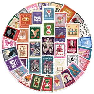 Set of 50 vintage book trope stamp stickers for laptop and DIY waterproof scrapbooking
