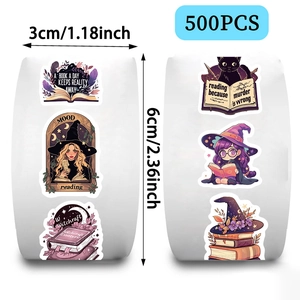 Rouleaux de 500 autocollants magiques pour lecteurs avec motifs sorcière et chat noir
